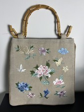 Vtg Embroidered Oriental Floral Bamboo Handles Soft Canvas Handbag With Zipper