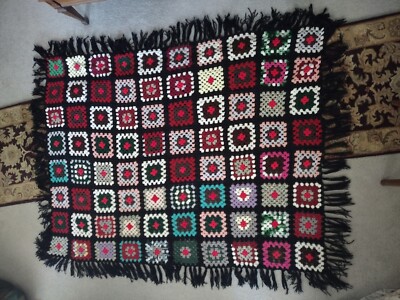 79'' x 60'' Handmade Afghan Multicolor Squares Trimmed Out In Black