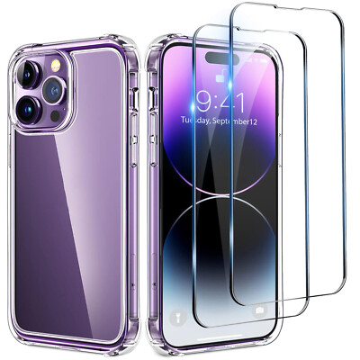 For iPhone 16 15 14 13 12 Pro Max Clear Case +2x Tempered Glass Screen Protector