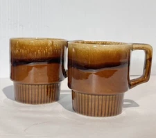 Vintage 1970s MC Modern Ceramic Brown Drip Glaze Stackable Coffee Cups Set of 2