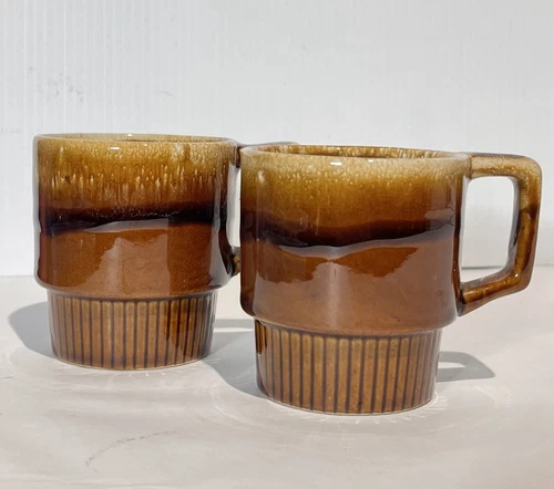 Vintage 1970s MC Modern Ceramic Brown Drip Glaze Stackable Coffee Cups Set of 2