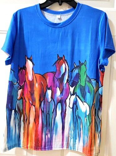 Ponies Brightly Painted on Wrap-Around Design Blue T-Shirt Ladies M & L - Picture 2 of 5