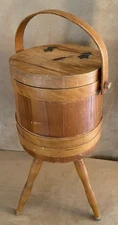 Sewing Basket Bucket Vintage Wood Firkin Stand 3 Legs Tripod Primitive holder