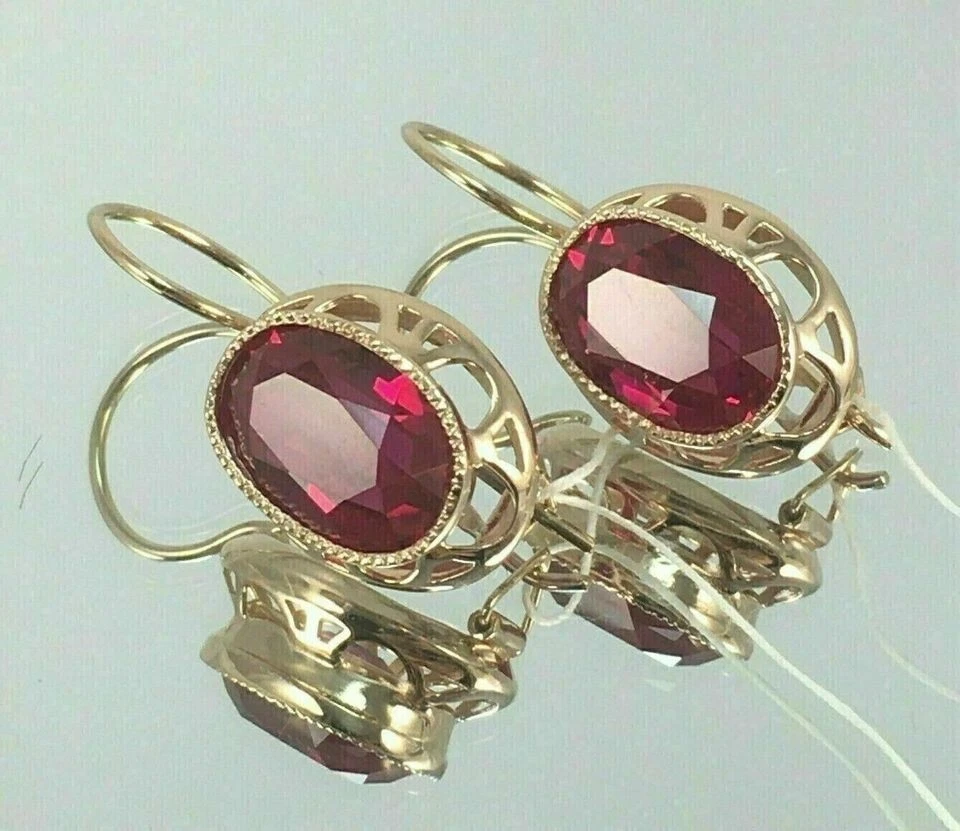 3Ct Oval Cut Lab Created Red Ruby Drop/Dangle Earrings 14K Yellow Gold Plated - Image 4 of 4