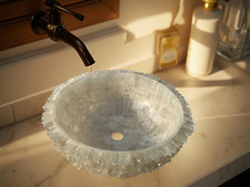 Fregadero de baño redondo de cuarzo blanco - Lavabo de piedra natural hecho a mano - Tocador de lujo