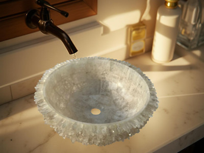 Round White Quartz Bathroom Sink   Handmade Natural Stone Basin   Luxury Vanity