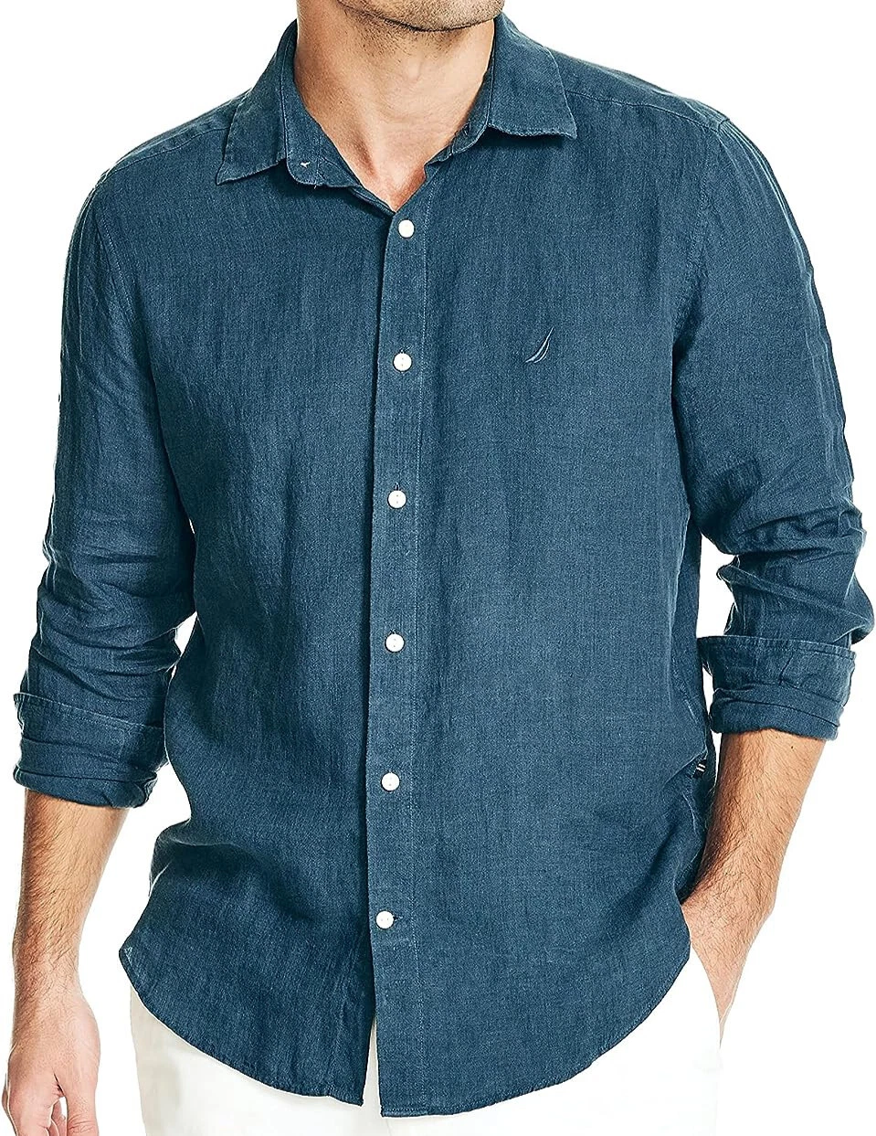 Nautica 100% Linen L/S Shirt S Blue NWT