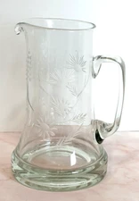 Pitcher Heavy Clear Glass Water Pitcher with Etched Floral Pattern 10” Tall
