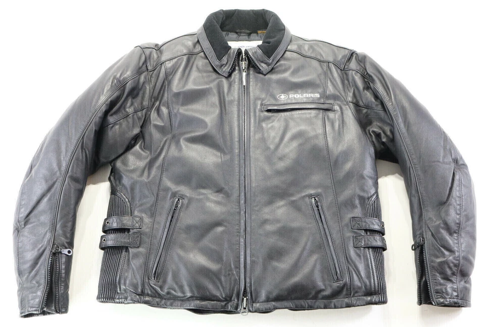 polaris snowmobile jacket coat L black leather reflective winter warm womens zip - Image 2 of 4