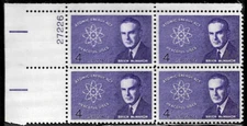 ATOMIC ENERGY ACT US #1200 PEACEFUL USES SENATOR B. MCMAHON 4c STAMP PLATE BLOCK