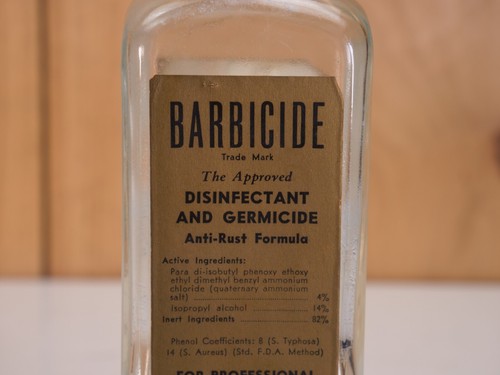 BARBICIDE Glass Disinfectant Barber Beauty Shop Bottle KING RESEARCH Vintage - Picture 2 of 9