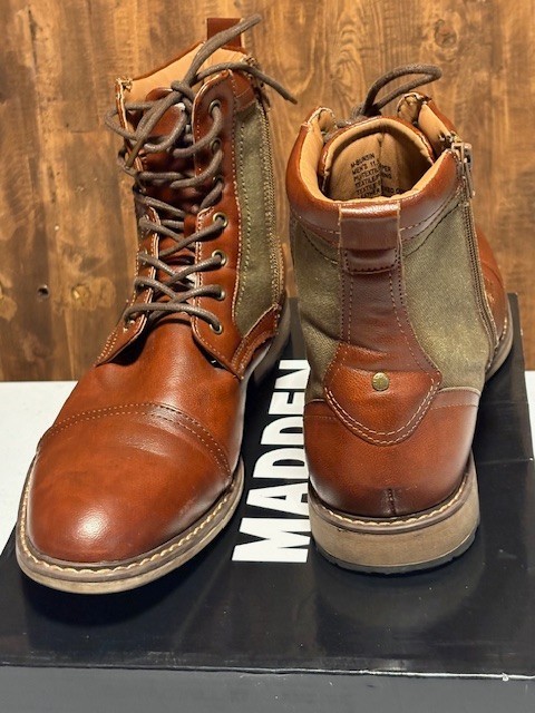 SAOLA Stivali Steve Madden Bunsin uomo marroni stringati alla caviglia zip laterale suola in pelle taglia 11 5