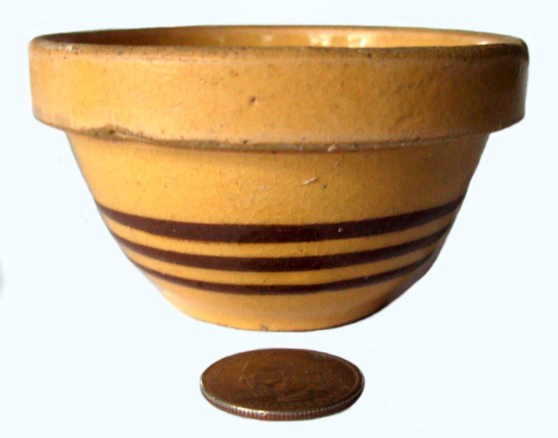ANTIQUE MINIATURE STONEWARE MIXING BOWL-BROWN STRIPES  - 3 1/2" DIAMETER-2" HGT.