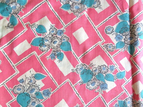 Feed Sack Pink And White Blocks With Floral Design Cotton Fabric 36 X 44