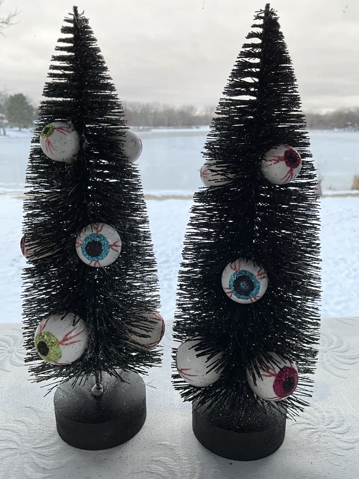 Halloween Bottle Brush Trees Glittered with Eyeball Ornament