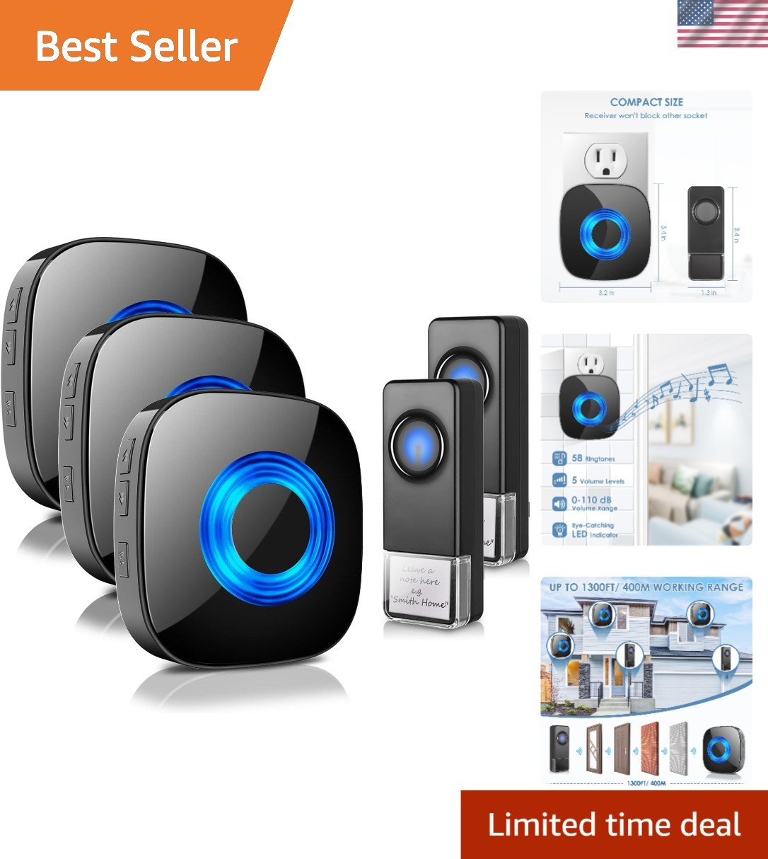 Multi-Functional Wireless Doorbell - 58 Ringtones, LED Flash & Waterproof Design