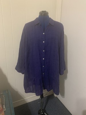 J Jill Navy Semi Sheer Tunic Button Up 3X 100% Cotton Beachy Lightweight