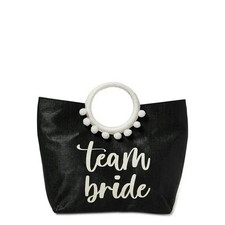 NWT Womens Team Bride Black  White Tote Bag Detachable Woven Ring Handles Pom