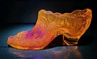 Vintage Early Fenton Amberina Cabbage Rose UV GLOW Cadmium Art Glass Shoe