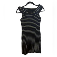 Ralph Lauren Navy Blue and Gold Metallic Striped Off Shoulder Tank Dress Size Xs