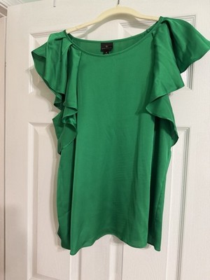 Worthington Women s Green Solid Round Neck Flutter Sleeve Ruffle Blouse M