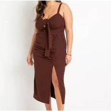 Eloquii NWT Buckle Front Linen Blend Dress Warm Chocolate Brown Slit Sz 22