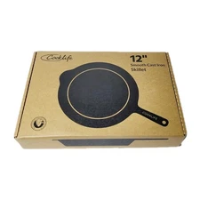 COOKLIFE 12" Inch Smooth Pre-Seasoned Cast Iron Skillet w/ Leather Handle Cover