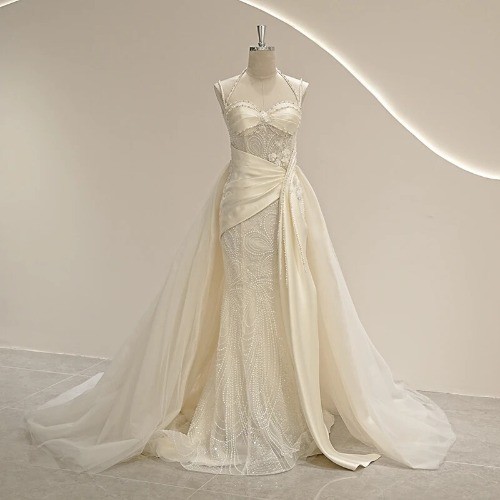 Luxury Mermaid Wedding Dresses Sweetheart Neck with Detachable Train Bridal Gown - Picture 3 of 9
