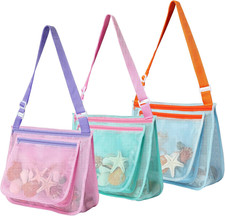 3 Pcs Seashell Collecting Bag for Kids,Beach Mesh Bag with Adjustable Shoulder S