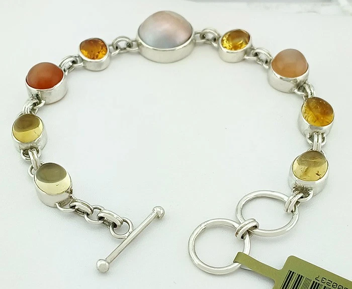 PULSERA TOPACIO AMARILLO GENUINO, PERLAS Y ÓPALO PLATA SÓLIDA .925 - Nueva Con Etiqueta Foto 3 de 4