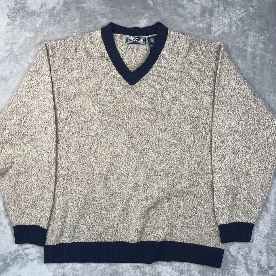 Vtg STRUCTURE Wool Sweater Men’s Medium V-Neck Marled Lambswool Retro Tan Blue - Image 3 of 4