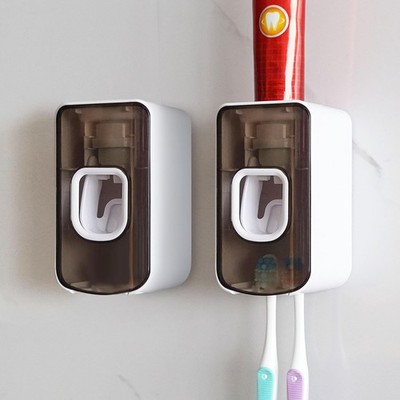 2 Slot Toothbrush Holder and Toothpaste Dispenser Wall Mounted, Automatic Too...