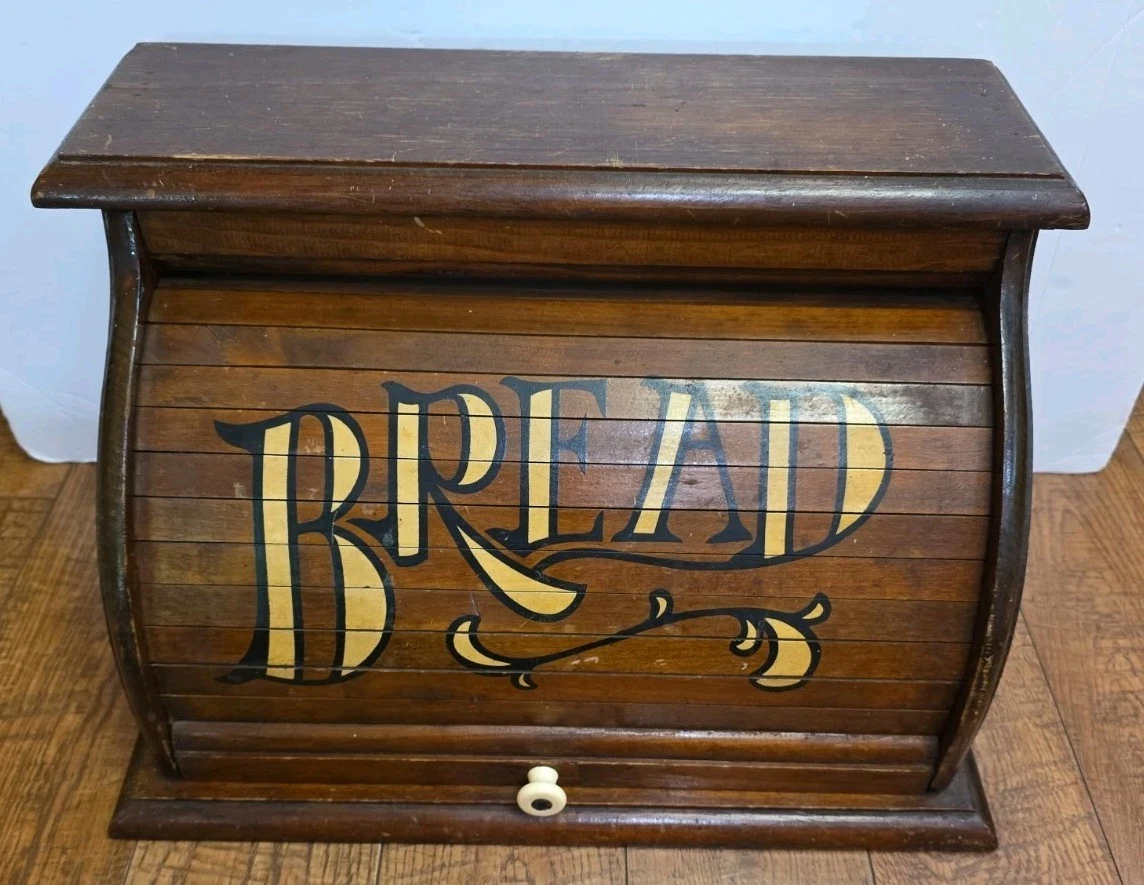 Vintage Antique Dark Wood Wooden Roll Top Bread Box with “BREAD” Lettering