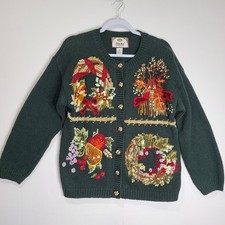 Vtg Tiara International Green Embroidered Holiday Cardigan Womens Small Read