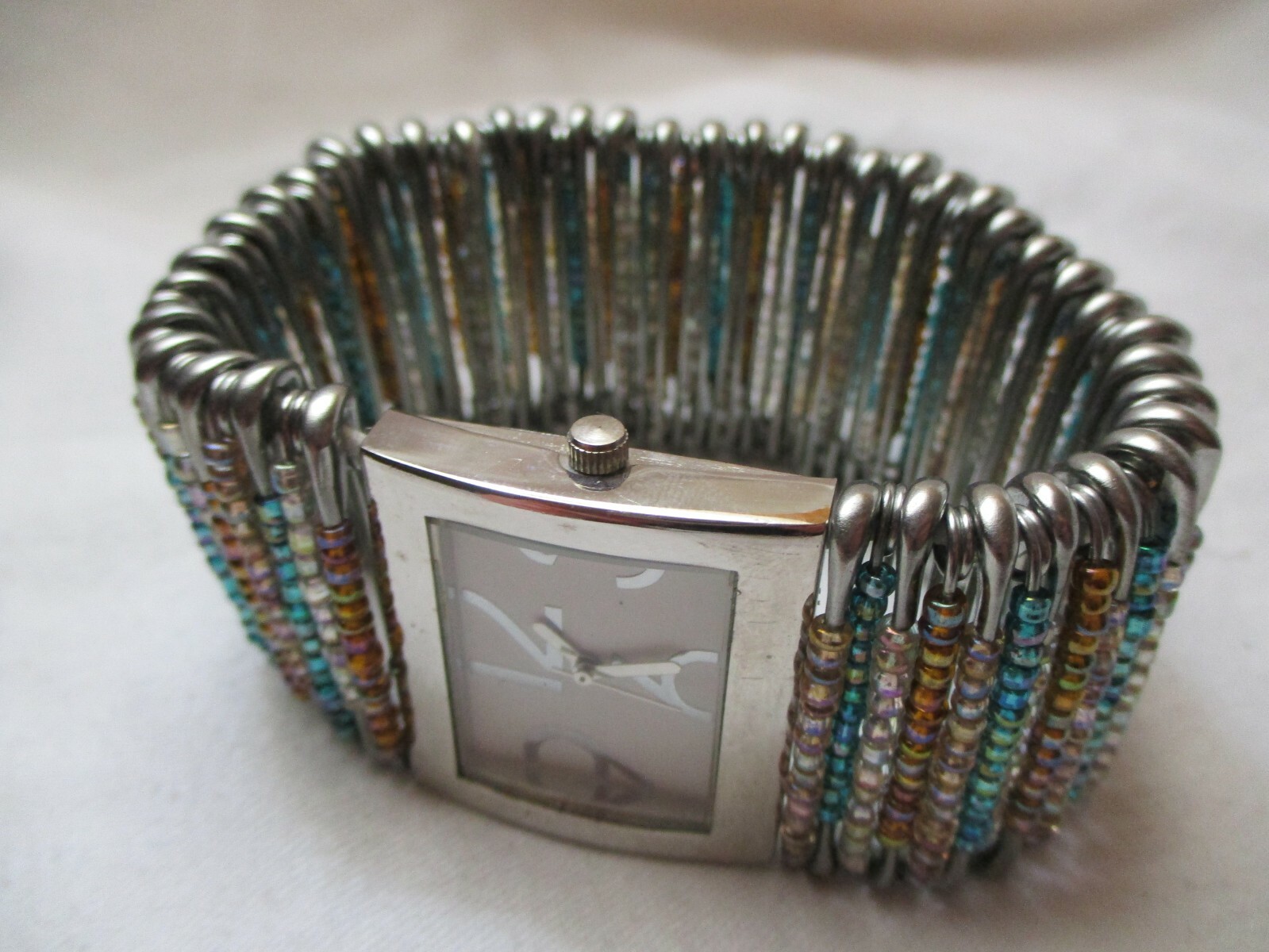 Wristwatch Silver Tone Rectangular White Face Col… - image 8