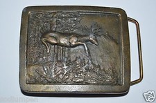 Vintage 1977 Deer Hunting Hunter Forest Nature Solid Brass Belt Buckle RARE