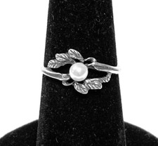 925 STERLING SILVER LEAF BYPASS RING WITH PEARL, SIZE 6.5 , NEW