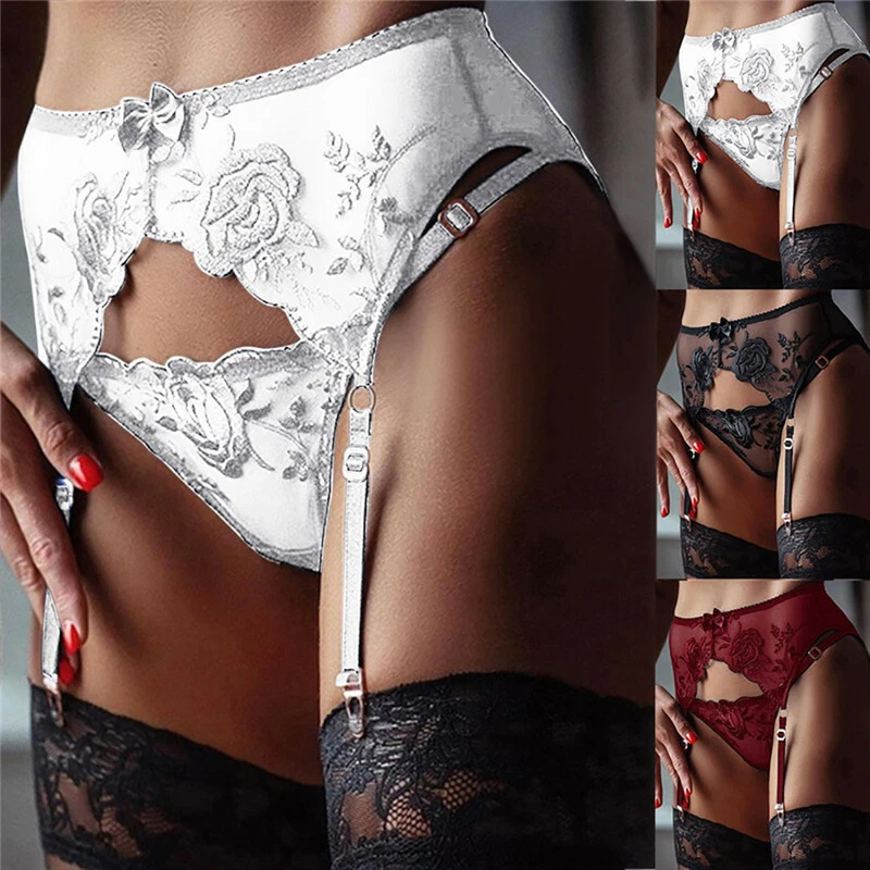 Women Lace Floral Garter Belt Lingerie Sexy Suspender Belt+Sheer G-String  Set