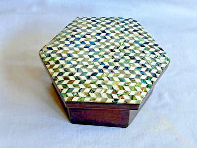 Egyptian Inlaid Paua Beech Wood Hexagon White Paua jewelry box 5'' #1386 (Unique)