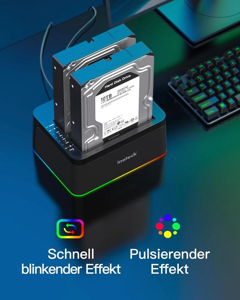 Inateck USB 3.0 USB-C Festplatten Dockingstation 2,5/3,5 Zoll SATA HDD SSD RGB - Bild 2 von 4