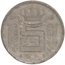 1941 BELGIUM FIVE 5 FRANCS COIN
