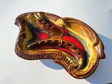 large vintage ceramic cigar / cigarette ashtray made in usa brown yellow red 