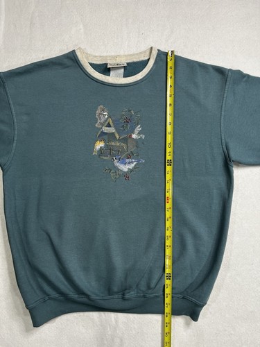 Vintage 1990s Green Faux Double Collar Crewneck Sweatshirt Grandma XL Birds - Picture 6 of 9