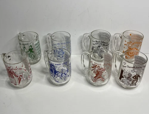Vintage 1950’s Hazel Atlas Glasses Set of 8 Song Lyrics peanut butter Glass Mugs