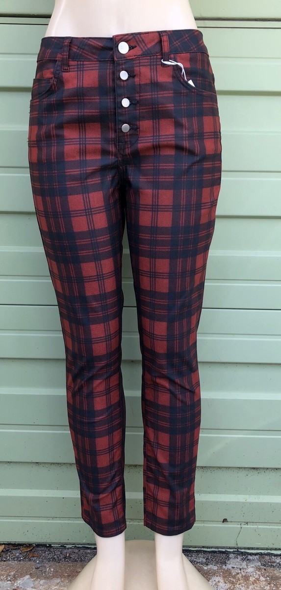 ZARA Woman Black Red CHECK SKINNY TROUSERS Size USA WAIST 26