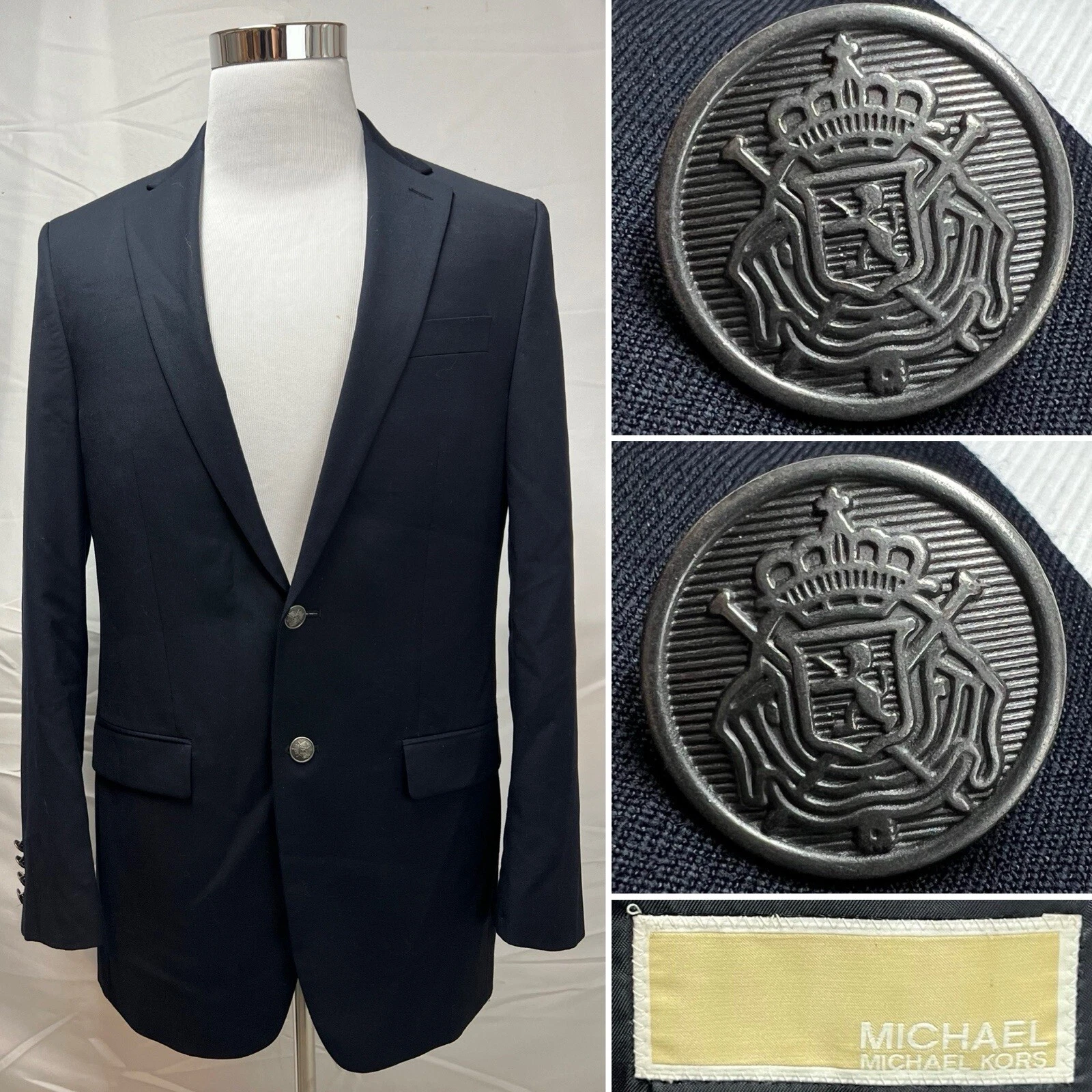 Giacca blazer lana 2 bottoni Michael Kors uomo 38L blu navy argento cappotto sportivo