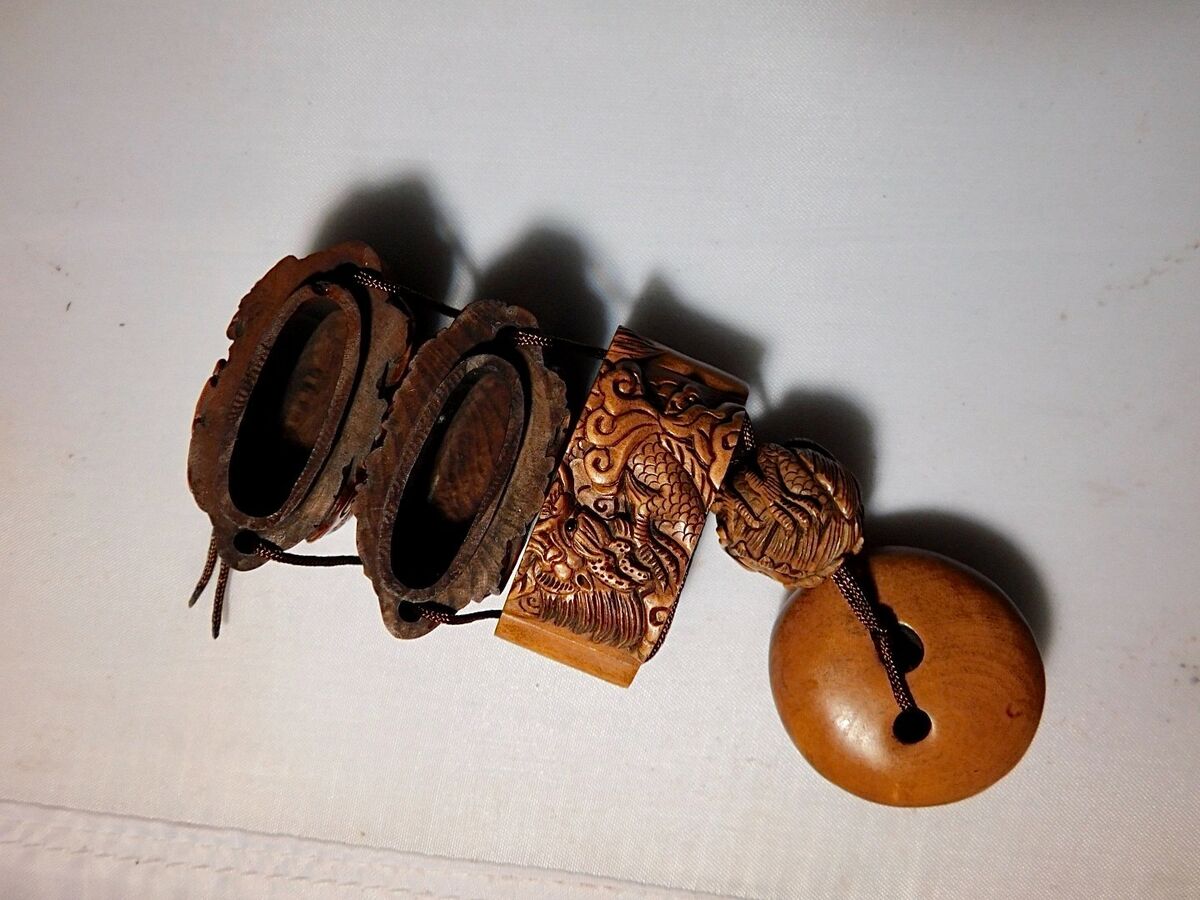 Antique Japanese Boxwood Inro Ojime and Netsuke Dragons Antique Japanese Boxwood Inro Ojime and Netsuke Dragons