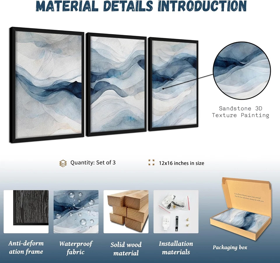 Framed 3D Textured Blue Abstract Wall Art, Modern Navy Blue Abstract Wall Decor  - Image 4 of 4