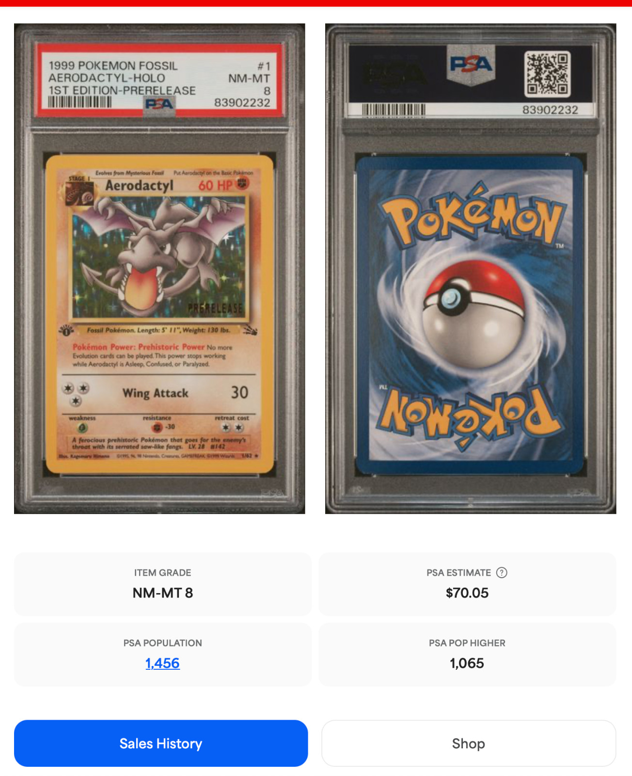 PSA 8 Aerodactyl 1st Edition Prerelease Holo 1/62 Fossil Pokémon TCG TOYRUS CARD