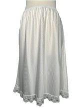 VANITY FAIR VTG White Half Slip STRIPE Midi Skirt Silky Nylon Lace Trim M/L